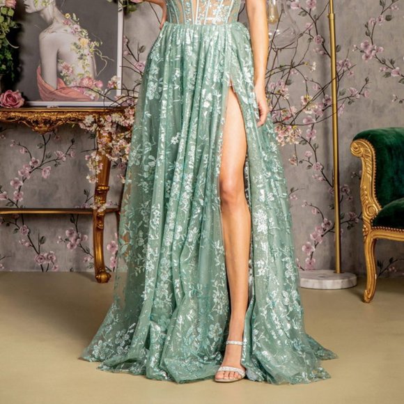 NEW LONG A-LINE SLEEVELESS MESH DRESS WITH LACE UP BACK & SWEETHEART NECK GL3254 - Picture 7 of 12